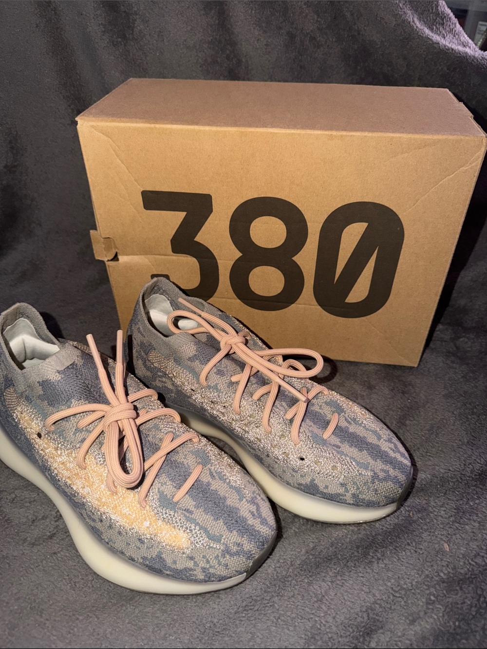 Yeezy Boost 380 in Mist Knit Sneakers in Gray with Pink Laces